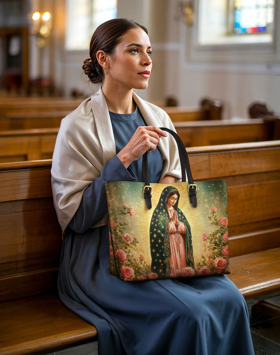 Roses of Guadalupe Leather Tote Bag