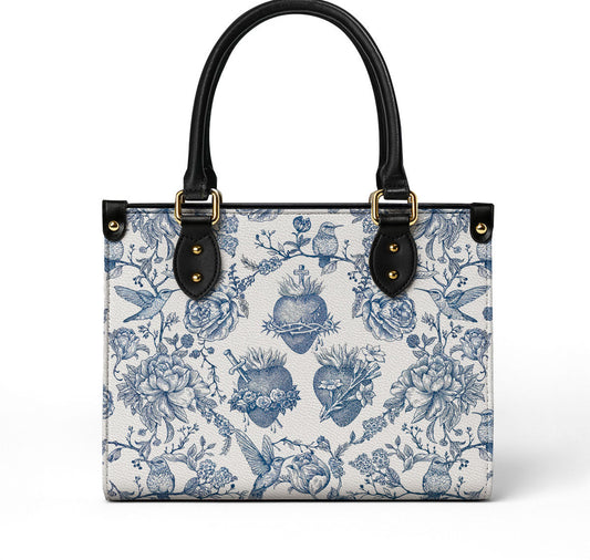 Sacred Elegance: Blue and White Devotion Leather Bag