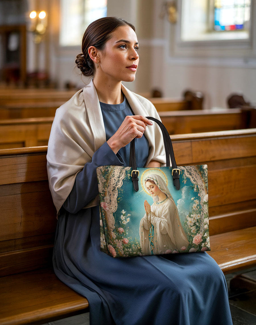 Lady Of Lourdes Leather Tote Bag
