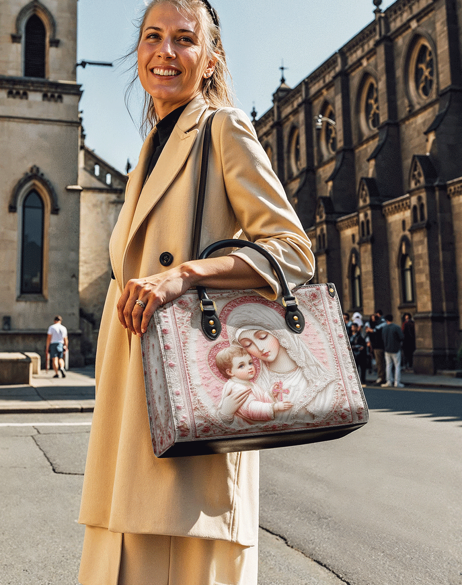 Sacred Serenity: The Madonna’s Tender Embrace Leather Bag