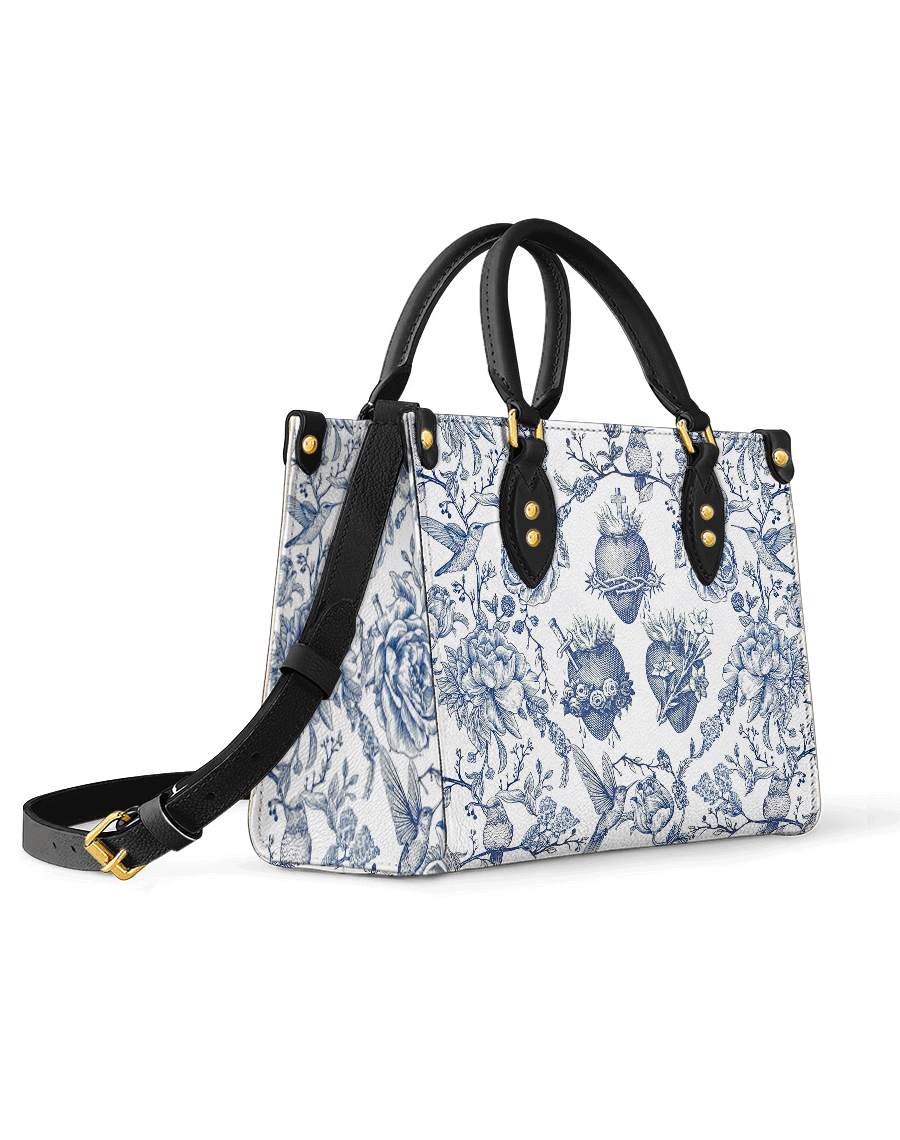 Sacred Elegance: Blue and White Devotion Leather Bag