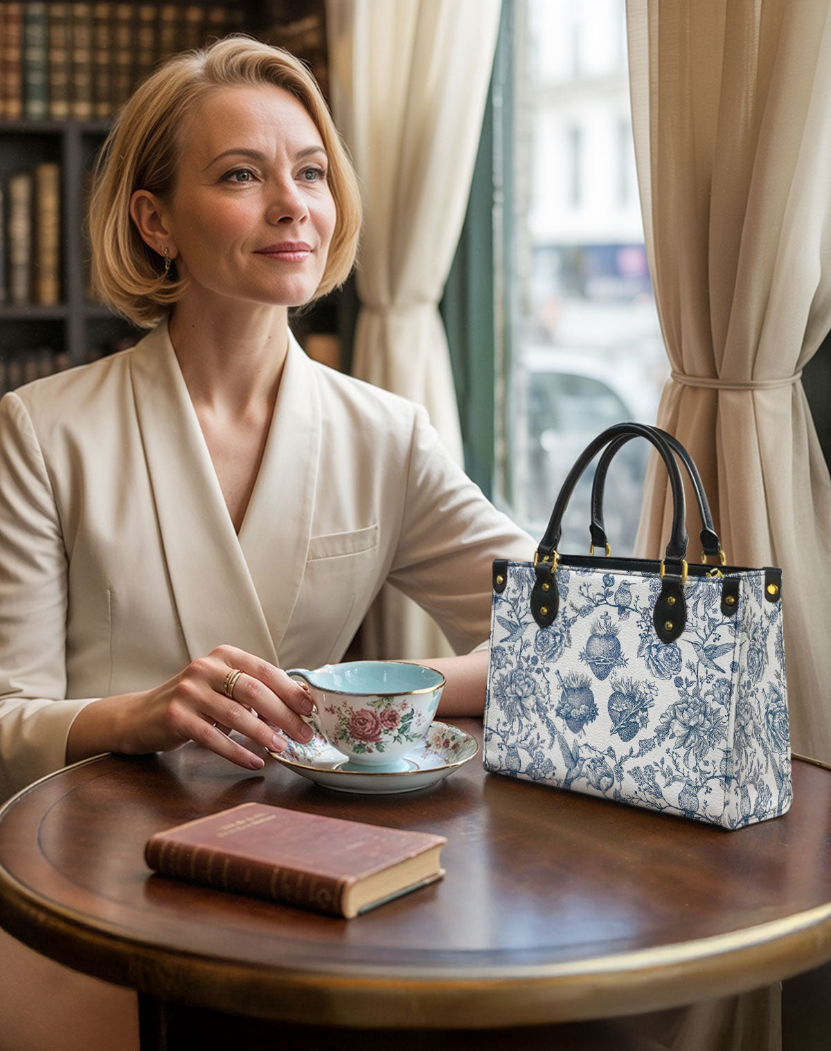 Sacred Elegance: Blue and White Devotion Leather Bag
