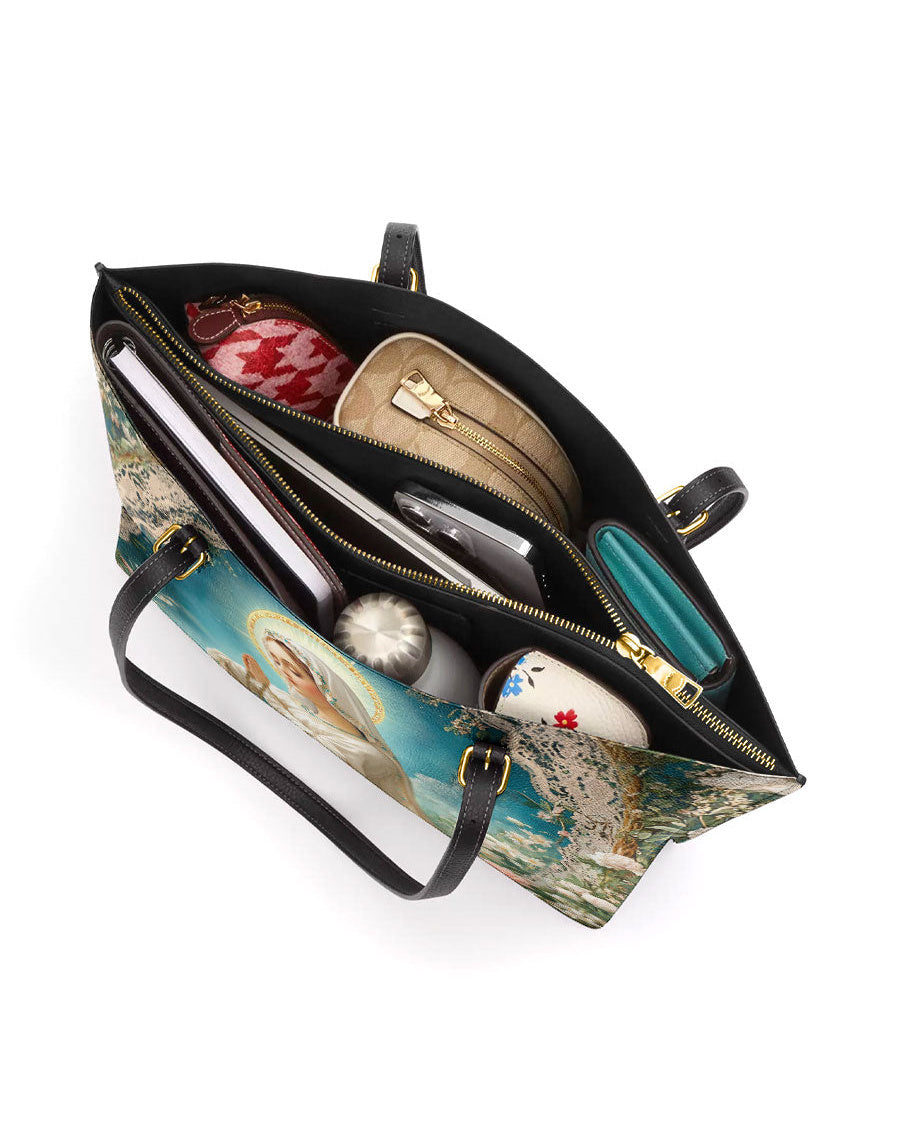 Lady Of Lourdes Leather Tote Bag