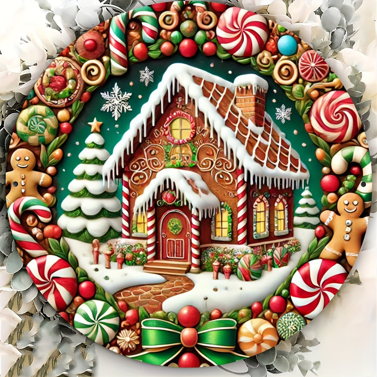 Christmas Candy Gingerbread Man Christmas Tree House Round Wooden Sign Door Plate